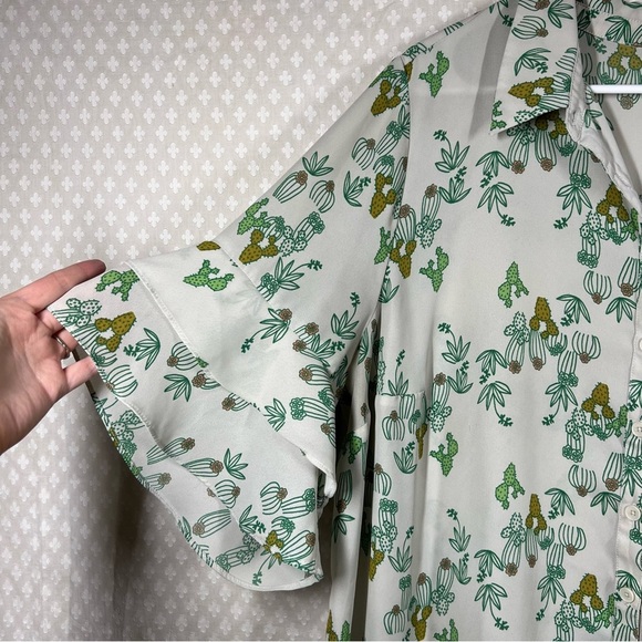 ModCloth Green Cactus Print Ruffle Sleeve Button Up Top - Picture 3 of 5